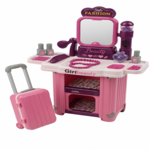 Tocador de juguete portátil rosa tipo maletín con ruedas, espejo, accesorios de belleza, peine y collar para niñas.
